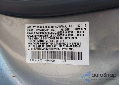 2010 Honda Odyssey Ex from USA, damaged, VIN 5FNRL3H42AB059660